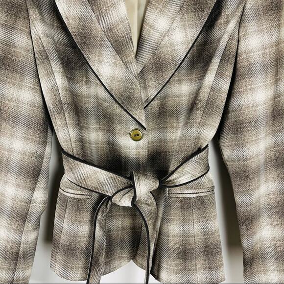 NEW Larry Levine brown cream plaid preppy tie button classic blazer jacket 10 - Picture 3 of 8